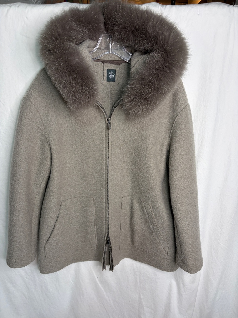 Eleventy Taupe Wool Zip-Up Pea Coat with Fur Trim Hood
